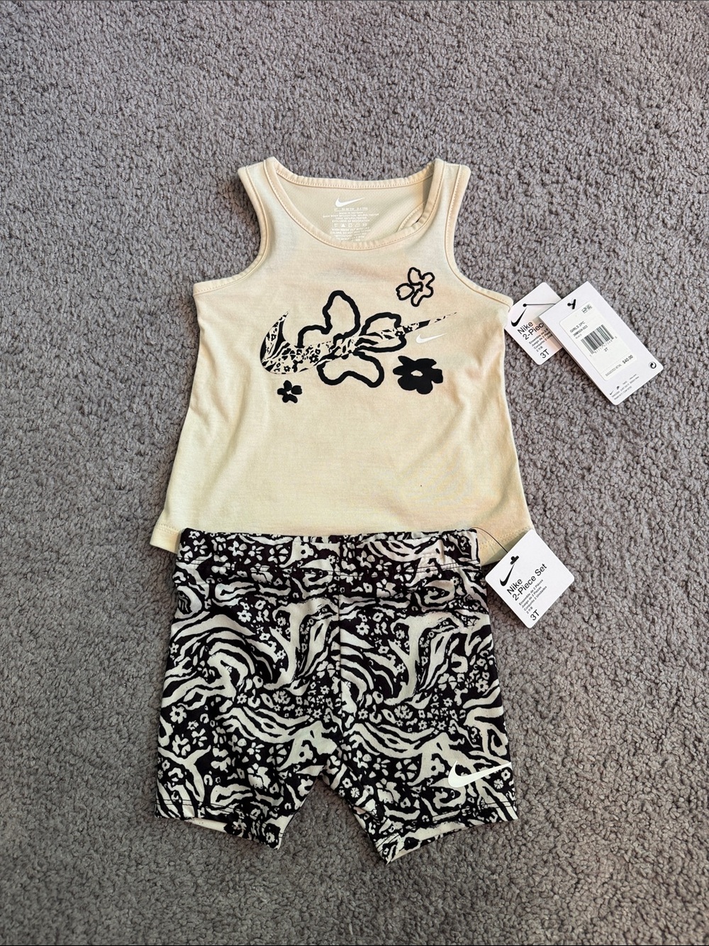 Nike Cream Tank with Black Floral Swoosh & Black-Cream Patterned Shorts - 3T